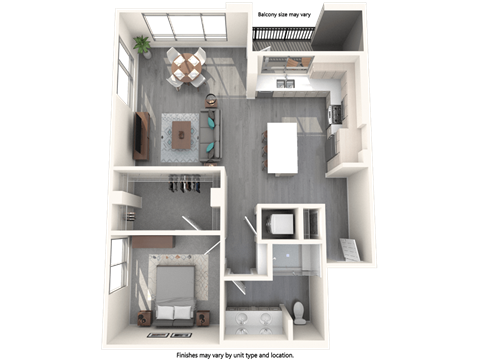 Floor plan for 1 bed, 1 bath, 1000 sqft